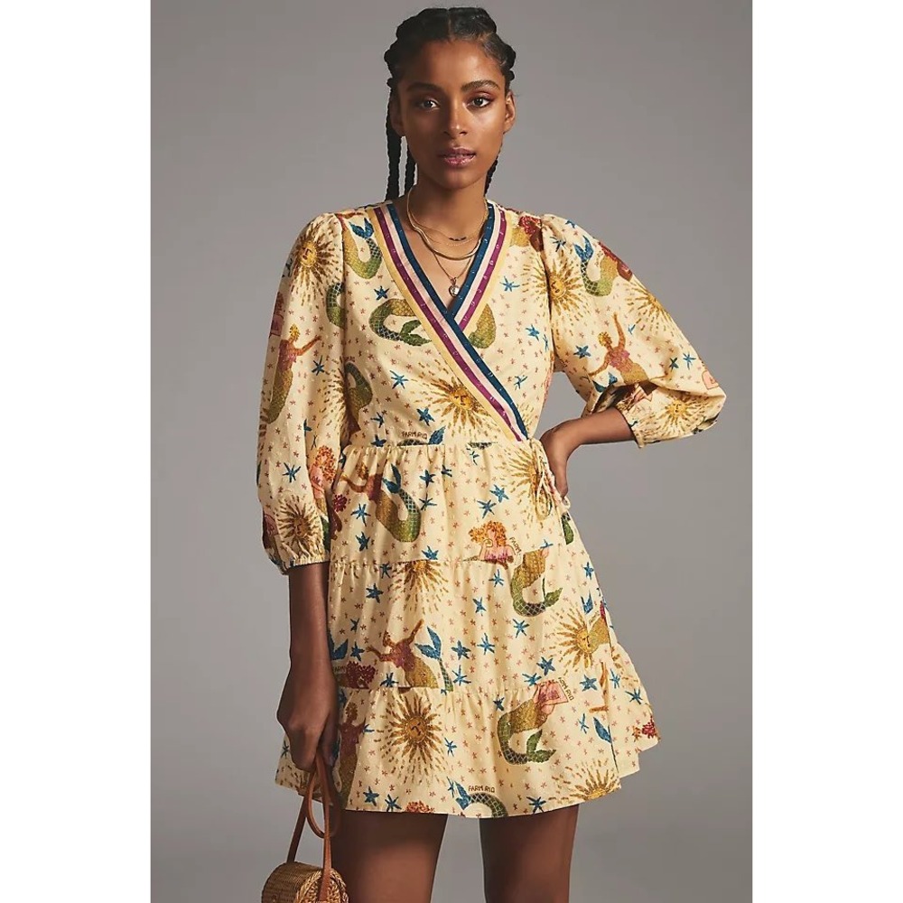 Farm Rio Mermaid Celestial Wrap Mini Dress Cream Embroidered Small